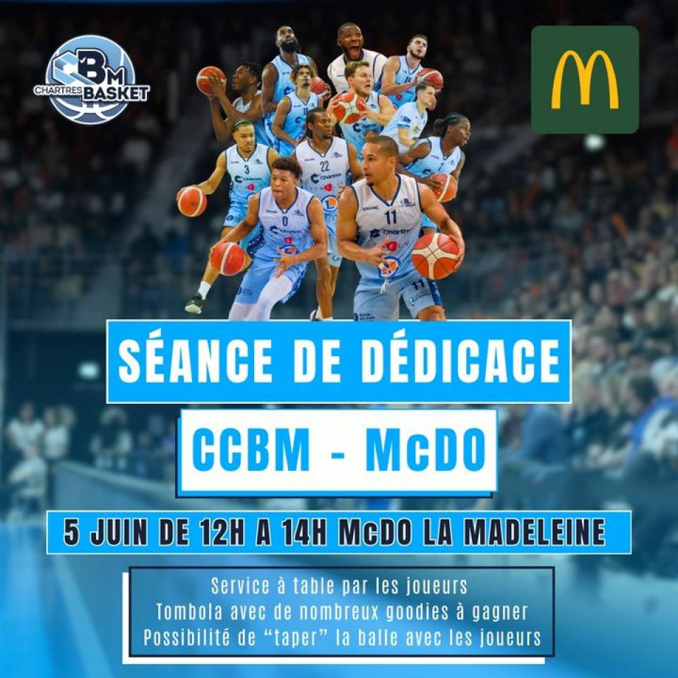 📢 Rejoignez-nous mercredi 5 juin 2024 de 12h00 à 14h00 au McDonald's de Chartres la Madeleine (Centre commercial Carrefour – Avenue Marcel Proust – 28000 Chartres) ! 

📅 Notez dès aujourd'hui la date dans votre agenda !

Au programme :
🏀 Basket avec les gars
🍔 Service à table par les joueurs de l’équipe NM1 du CCBM
🖊️ Séance de dédicace
📸 Photos avec les joueurs

Ne manquez pas cette occasion unique !